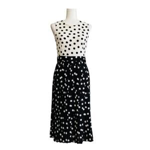 Zara Dress Black White Ivory Contrast Polka Dots Sleeveless Pleated Midi Small